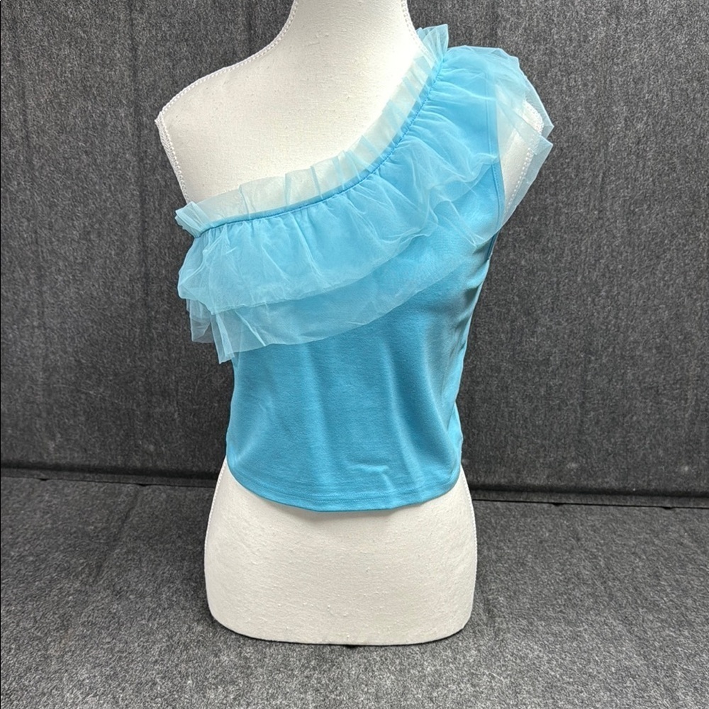 Day + Moon Blue Asymmetrical Ruffled Crop Top